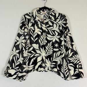 NEW Como Vintage Women XS Button Up Shirt Black Cream Tropical Leaf Resort Chic